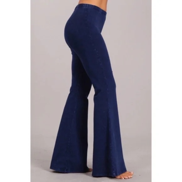 Galaxy Blue Boho Mineral Wash Stretch Flared Bell Bottom Casual Pants - Picture 4 of 6
